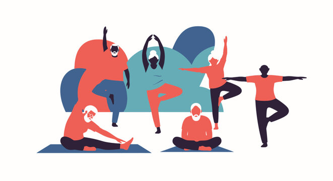 Group of people practicing yoga together in various poses