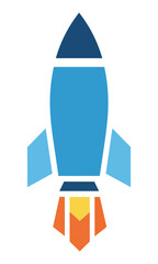 Fototapeta premium Minimalist icon of a space rocket ascending with flame exhaust in flat solid colors isolated on a white background modern technology concept