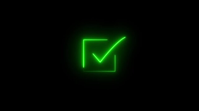 Green neon check mark inside a square on black background tick 4k video...