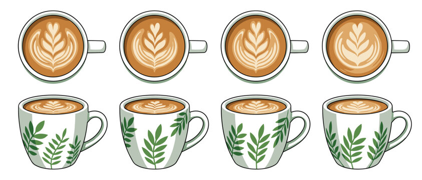 Botanical pattern coffee cups. Leaf art and cappuccino hot beverages, green mockup front and top views. Vector illustration isolated floral drink set on transparent background