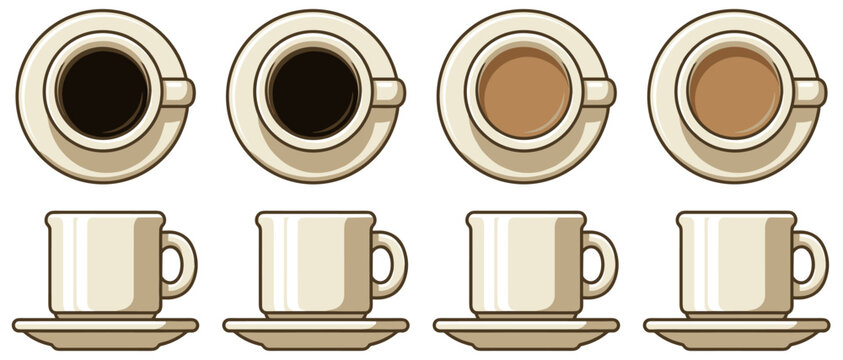 Traditional coffee cup set. Americano and espresso hot beverages, simple ceramic front and top views. Vector illustration isolated classic drink set on transparent background
