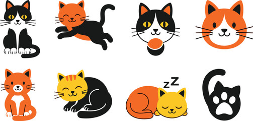 Obraz premium Cute Cat Cartoon Vector Set with Funny Kitten Character and Pet Icons