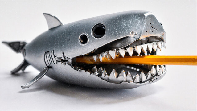 classic metal pencil sharpener shaped like a mechanical shark jaw biting a yellow pencil, white background, bright studio light