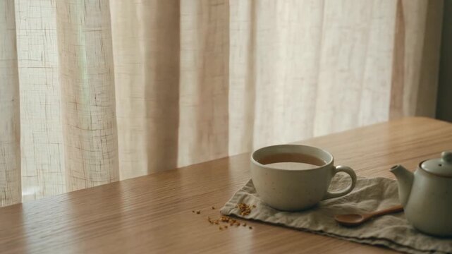 A serene table setting with a cup of tea, a teapot, and a spoon, bathed in soft natural light from a nearby window
