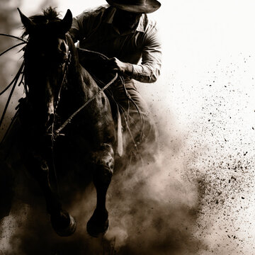 Dramatic Cowboy Riding Horse Through Dust Storm in Sepia Tone AI Generative