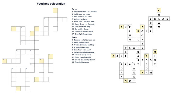 Food and celebration themed crossword puzzle layout with clues. Christmas theme for children aged 4-8  