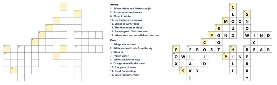 Crossword puzzle with clues and highlighted answers on paper. Christmas theme for children aged 4-8   