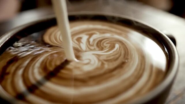 A close-up view of steaming coffee with cream being poured in, creating a swirling pattern