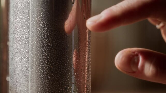 Tracking shot of unrecognizable young woman running hand down cold aluminum can with condensation drips on reflective metal surface, refreshments and sensation concept, copy space