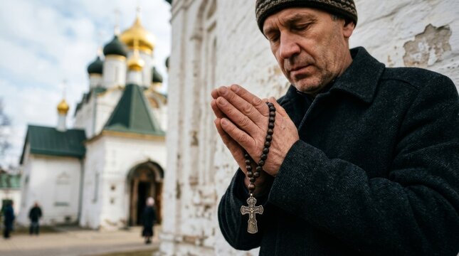 A pensive elderly monk holds a wooden cross in front of an ancient Orthodox church and prays. He is dressed in black. He serves God. He is a novice at the monastery.
