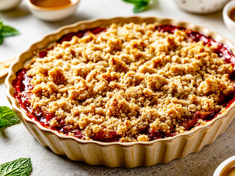 Rhubarb Crumble Dessert in Baking Dish &ndash; AI Generative