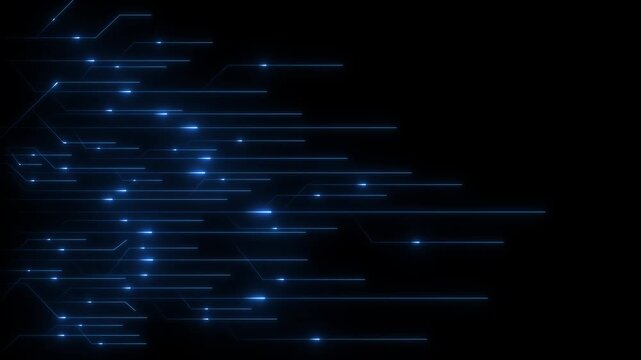 Abstract glowing blue lines with arrowheads moving right on black background , Modern hi-tech grid with particles and energy lines, Quantum information flow and cyber innovation design 4k video...