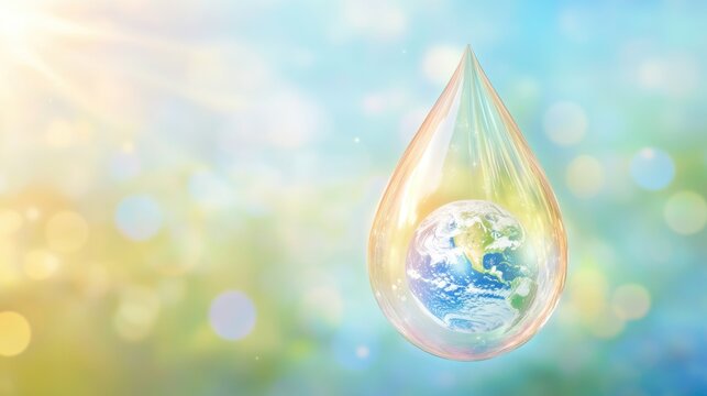 Earth encased in a drop of water, symbolizing conservation
