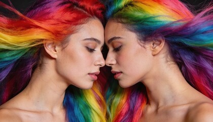 Obraz premium Dual Portrait of Women with Vibrantly Colored Hair Flowing, Each Person Face-to-Face with Eyes Closed, Showcasing Artistic Hair Dying and Expression