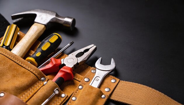 Essential work tools neatly organized in a sturdy leather tool belt, featuring a hammer, screwdrivers, pliers, and a wrench, set against a dark, minimalist background, ready for repair, construction,
