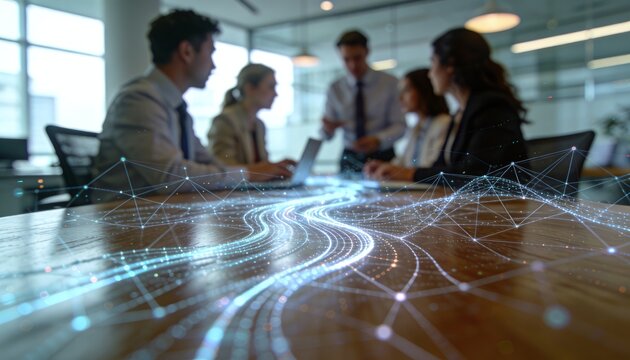 Dynamic digital information flow with abstract data streams across a conference table with blurred office workers in the background, symbolizing modern business connectivity, networking, and technolog