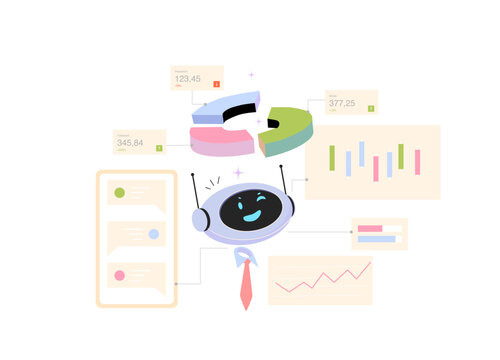 AI insights engine building business analytics dashboards and data visualization charts. Flat vector illustration isolated on white background