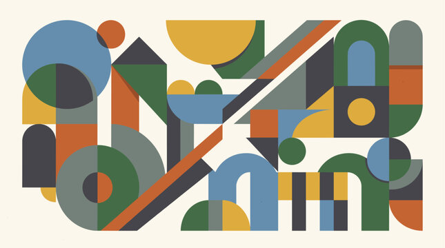 Geometric composition features a balanced arrangement of muted earth tones and deep forest greens that form a sophisticated architectural pattern with clean lines and intersecting circle segments.