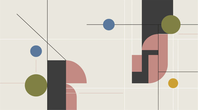 Minimalist composition displays thin black lines and solid geometric shapes in muted earth tones arranged on a clean off-white background to evoke a sense of architectural balance.