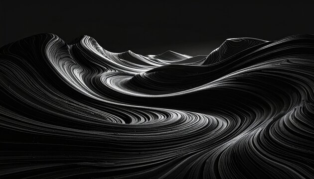 Abstract Black and White Swirling Waves of Light and Shadow.