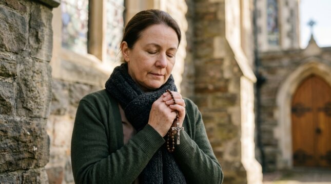 An elderly woman prays with a rosary against a stone wall, with a church visible in the background. Catholic religiosity and faith. Christianity.
