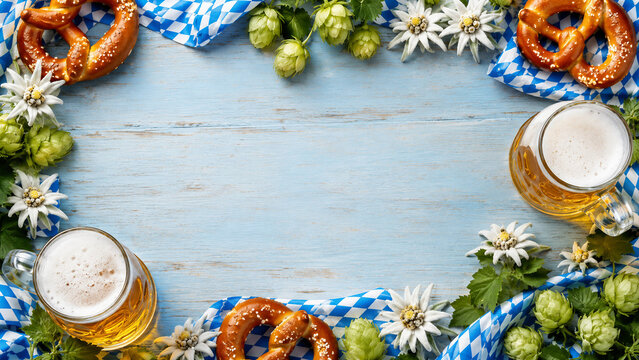 Oktoberfest flat lay background with beer mugs, pretzels, hops, edelweiss flowers and blue white checkered fabric on a light wooden table with copy space.