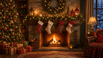 Fototapeta premium Cozy Christmas living room with decorated tree, fireplace, stockings, garland, candles, wrapped gifts and warm festive holiday atmosphere.
