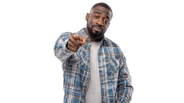 A person pointing straight ahead at the viewer with a serious expression. Isolated on white background.
