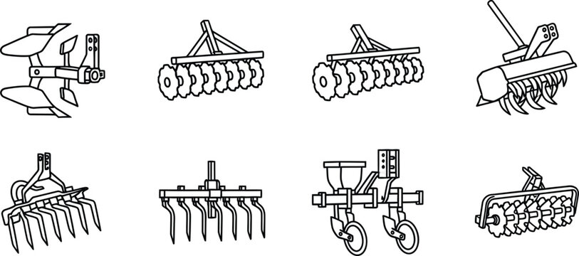 Collection of agricultural farming equipment line plow, disc harrow, cultivator, seeder, and rotary tiller