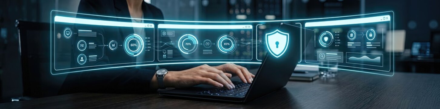 Cybersecurity monitoring action corporate office digital interface secure environment close-up viewpoint technology insights for enhanced data protection
