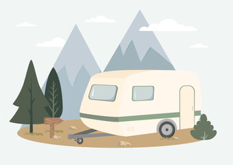 Obraz premium Cozy Camping Trailer in Mountain Forest with Pine Trees and Signpost Flat Design Vector Illustration