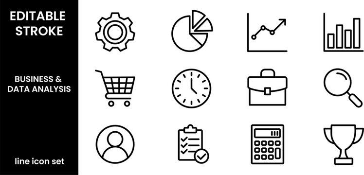 Editable stroke business and data analysis line icon set