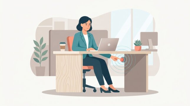 An employee is using a panic button while seated at a desk in a modern office setting, ensuring safety and security.
