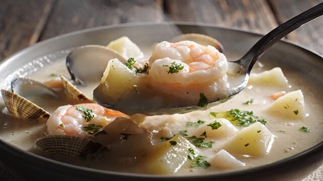 Delicious Seafood Chowder with Shrimp and Clams Served in a Bowl 1.