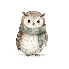 Obraz premium Cute owl watercolor illustration with cozy scarf. Hand painted woodland bird isolated on white background. Perfect for nursery decor and winter holiday design