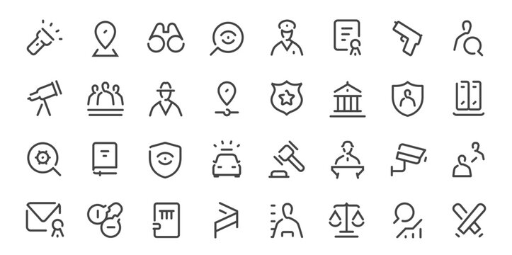 Security and law enforcement line icons set with police, surveillance and justice symbols