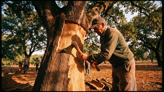 Colheita Tradicional de Corti&ccedil;a no Alentejo com Trabalhadores a Retirar a Casca dos Sobreiros nos Montados Portugueses.