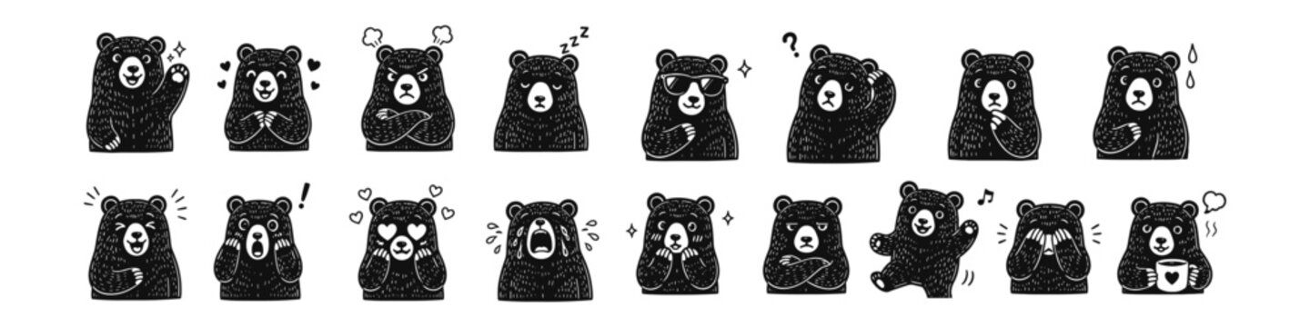Funny bear emotion set in vintage woodcut style. Ideal for stickers, social media, apparel prints and character collections.