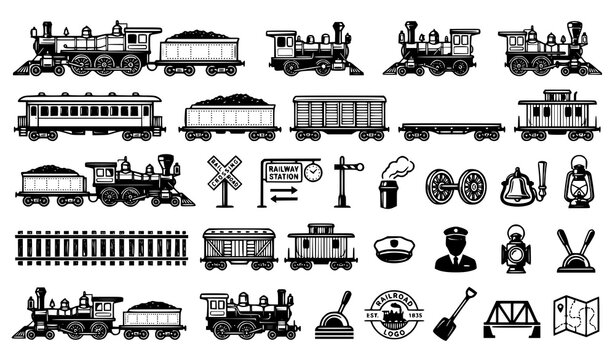 Old Steam Train Icon Collection with Classic Locomotives and Vintage Railroad Symbols