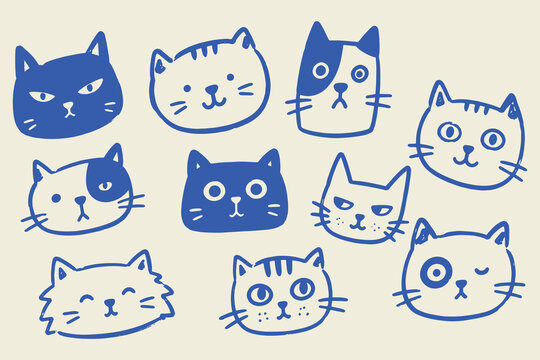 Cat Faces Doodle Sketch Set Vector