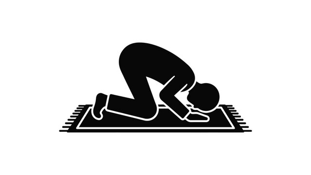 Black silhouette icon of a man performing prostration prayer on a rug.