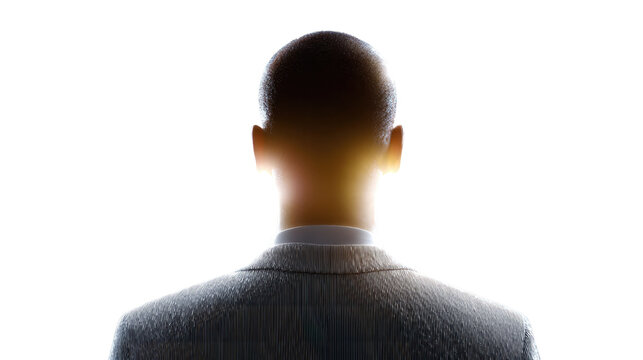Mysterious Silhouette: A man's silhouette, seen from behind, is dramatically illuminated by a bright backlight, creating an aura of intrigue and contemplation.