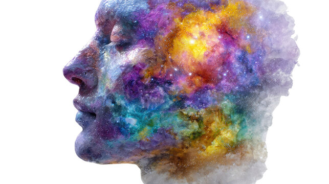 Mindscape of Cosmic Wonder: A human profile merges with a vibrant nebula, symbolizing the boundless creativity and imaginative depth of the human mind.