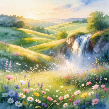 Watercolor landscape in soft golden and green hues representing a tranquil waterfall and wildflowers with copy space