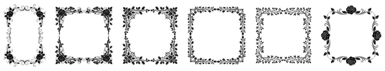 classic vector frame set with square and rectangular silhouettes of symmetrical thorny rose branches, curly baroque swirls, gothic spikes and detailed floral, vector border frame for certificates and  © OS