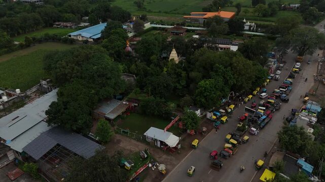 Aerial view of the historic Maharishi Sandipani Ashram and sacred pond in Ujjain, Madhya Pradesh.