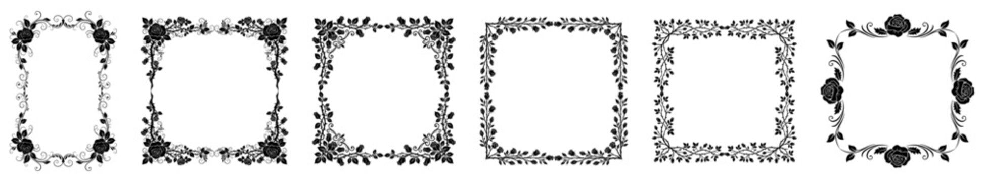 classic vector frame set with square and rectangular silhouettes of symmetrical thorny rose branches, curly baroque swirls, gothic spikes and detailed floral, vector border frame for certificates and 