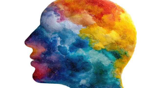 Vivid Mindscape: A profile of a human head filled with vibrant, abstract colors representing thoughts, creativity, and emotions.