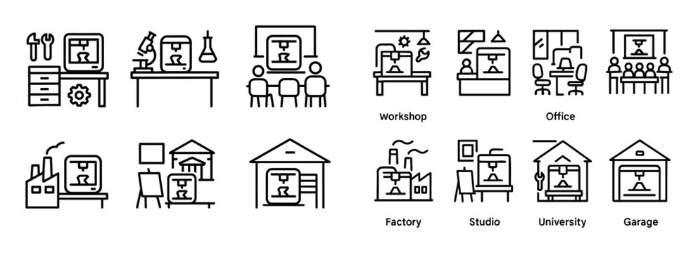 Workplace icons with printer factory garage outline