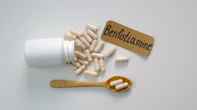 Benfotiamine capsules and vitamin supplements. Selective focus.